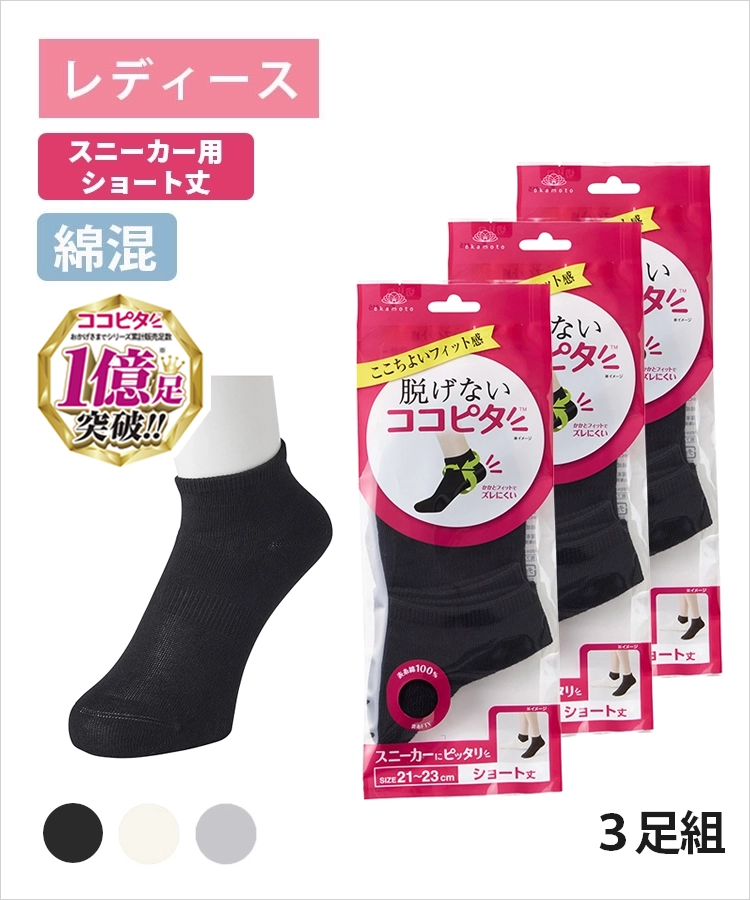 ＜今だけ送料無料＞【3足組】ココピタ ベーシック レディース スニーカー用ショート丈 綿混 丸編み 無地