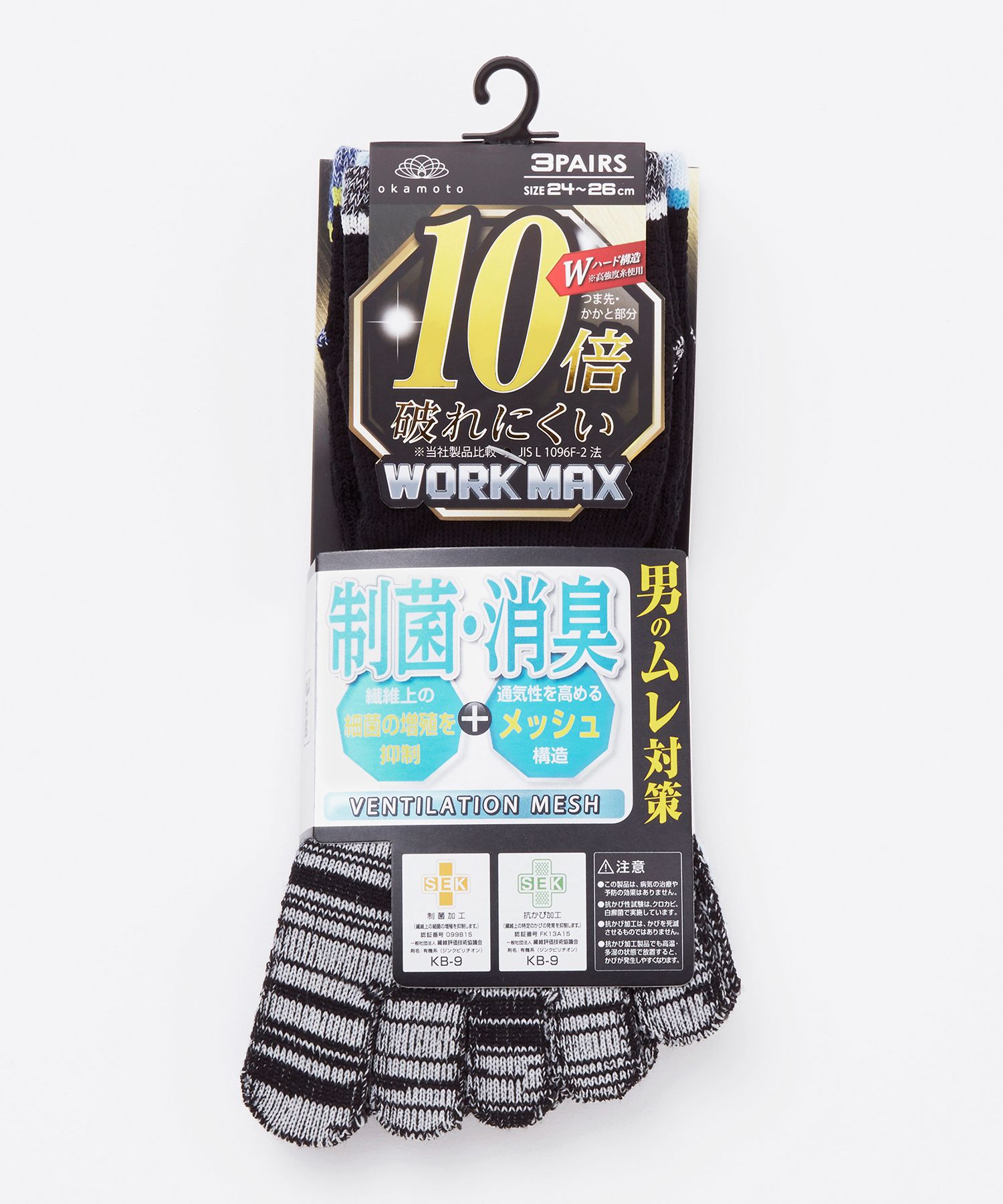 【3足組】WORK MAX メンズ スニーカー丈 五本指 切替柄 メッシュ